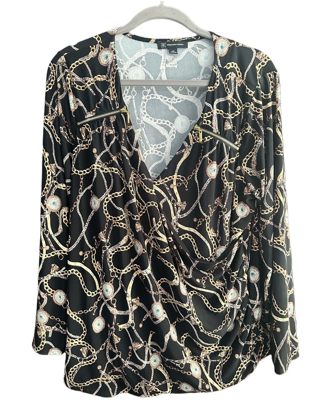 INC International Concepts Black Wrap Blouse with Gold Chain Print Size 2X